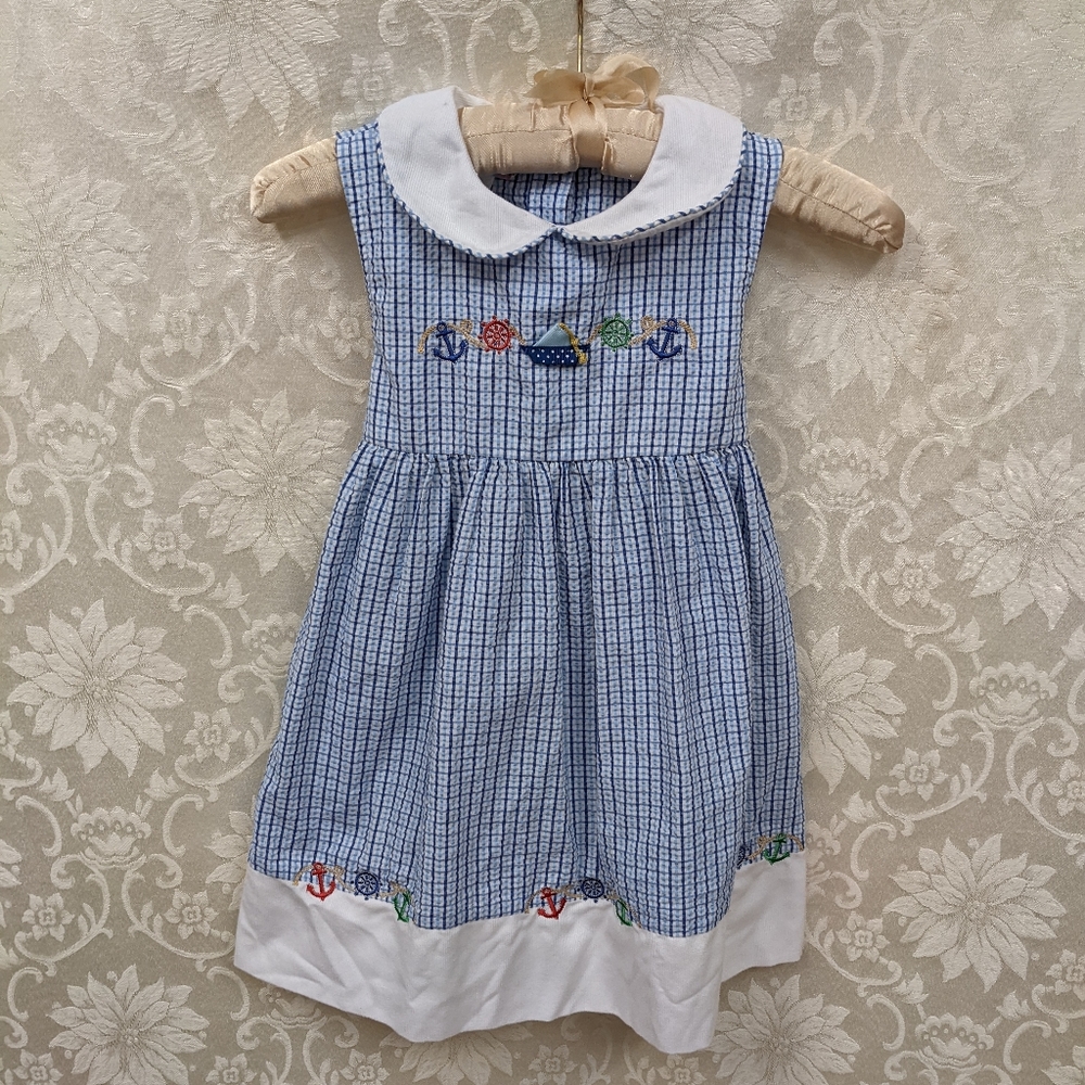 *SALE* Samara Blue Seersucker Sailer Embroidered Dress with Bloomers Size 6